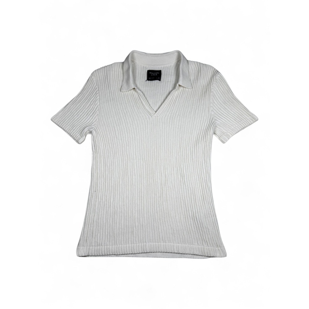Abercrombie & Fitch White Ribbed Short Sleeve V-Neck Sweater Polo Top XS
